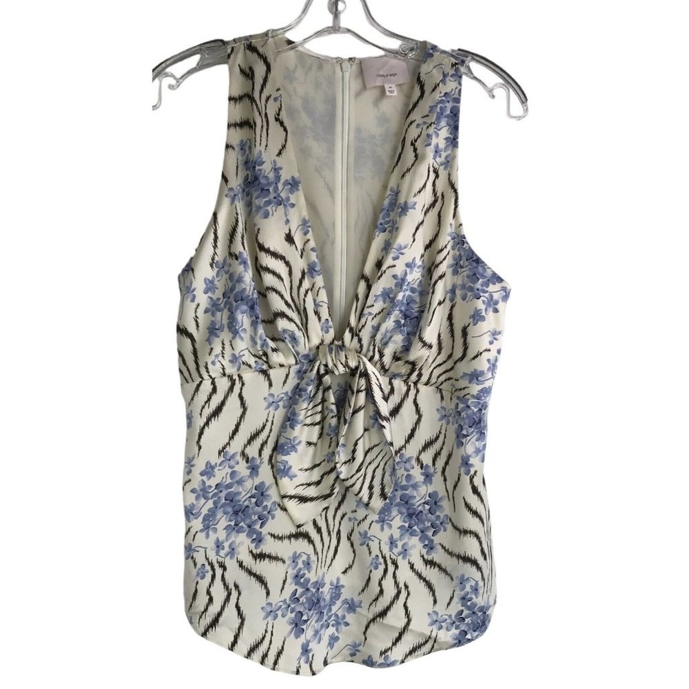 cinq a sept Women's Medium Eli Silk Blouse Tank Top Blue Cream Blue Brown Floral